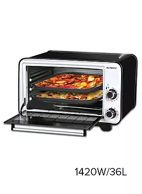 Kumtel Electric Oven 36L – 1400W Compact Countertop Oven with Stainless Steel Heating Elements, Enameled Interior, Dual Trays (Rectangular & Round), 3 Power Settings