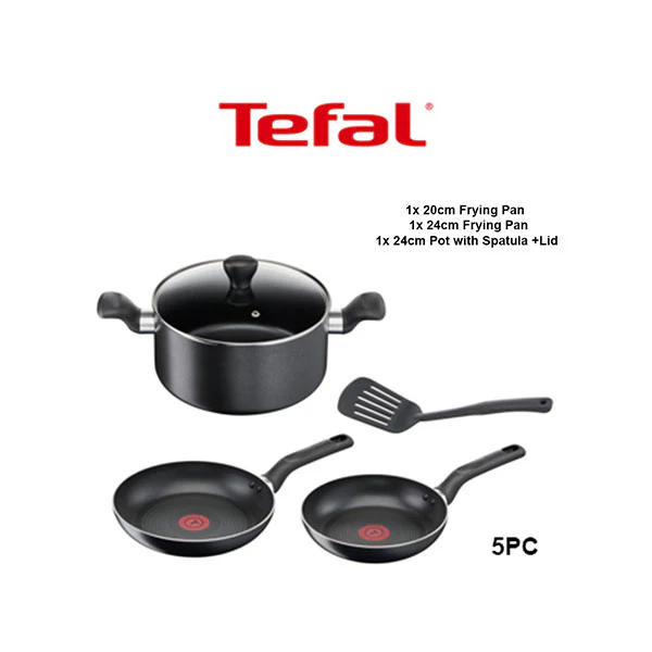 TEFAL Super Cook 5-Piece Cookware Set – Aluminum Construction, Non-Stick Interior & Exterior, Includes 24cm Stewpot with Glass Lid, 20cm & 24cm Frypans, Slotted Spatula