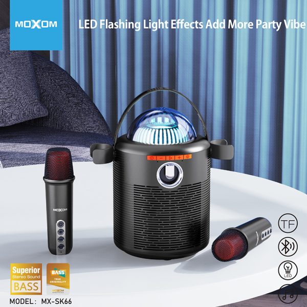 MOXOM Marshmallow MX-SK66 Wireless TWS Karaoke Speaker with Microphone – 10W Max Power, 2400mAh Speaker Battery, 500mAh Mic Battery, Type-C Fast Charging, Dual Drivers (8W Sackbut + 2W Tweeter)