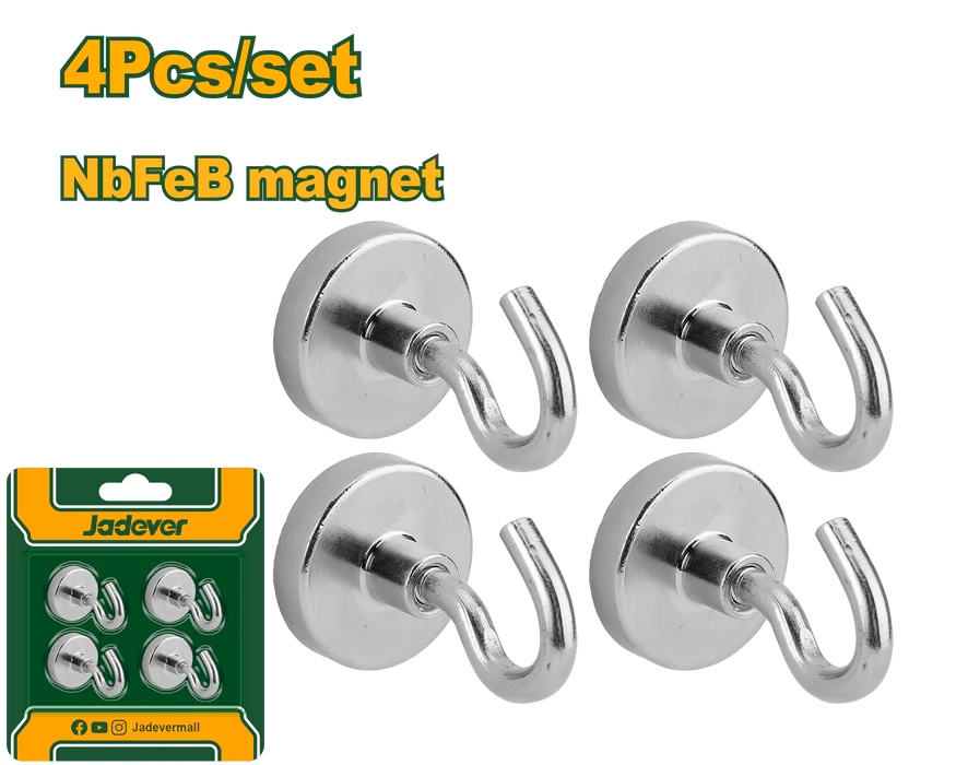 Jadever JDZE2K11 4Pcs Super Strong Magnetic Hook Set – Heavy-Duty Neodymium (NdFeB) Rare Earth Magnets with High Holding Power for Home, Office, Workshop, and Industrial Use Jadever JDZE2K11 4Pcs Super Strong Magnetic Hook Set – Heavy-Duty Neodymium (NdFeB) Rare Earth Magnets with High Holding Power for Home, Office, Workshop, and Industrial Use