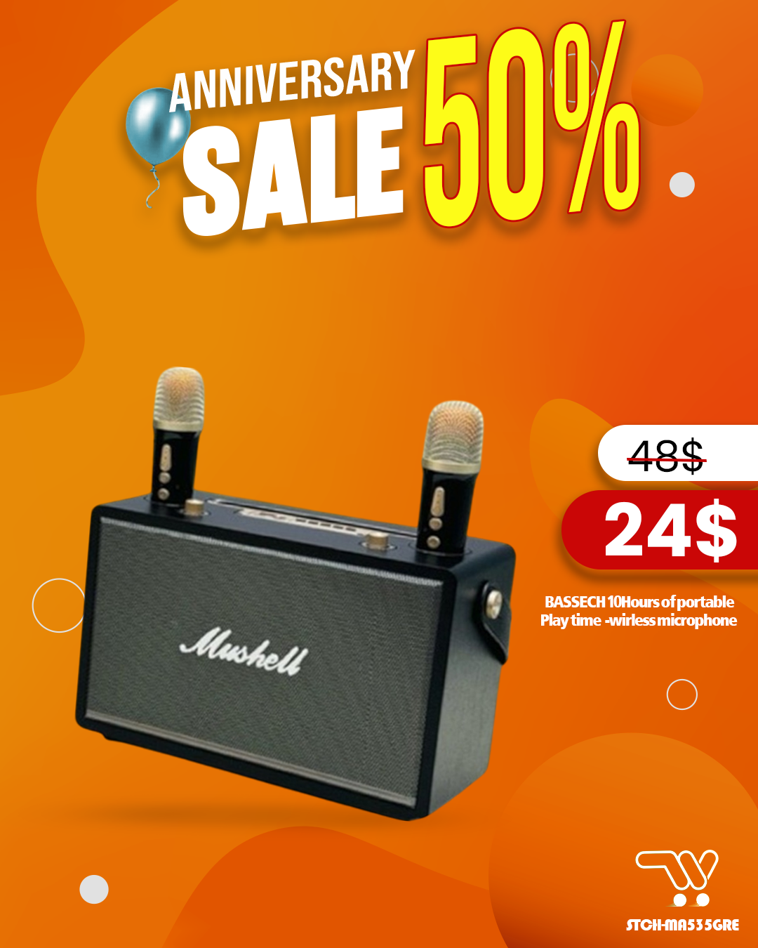Mushell MA-530 Wireless Karaoke Speaker With Two Wireless Microphone Karaoke Family; BASSECH - 10 Hours  Of Portable PlayTime  -WIRLESS KTV-2 MICROPHONE,  GREY
