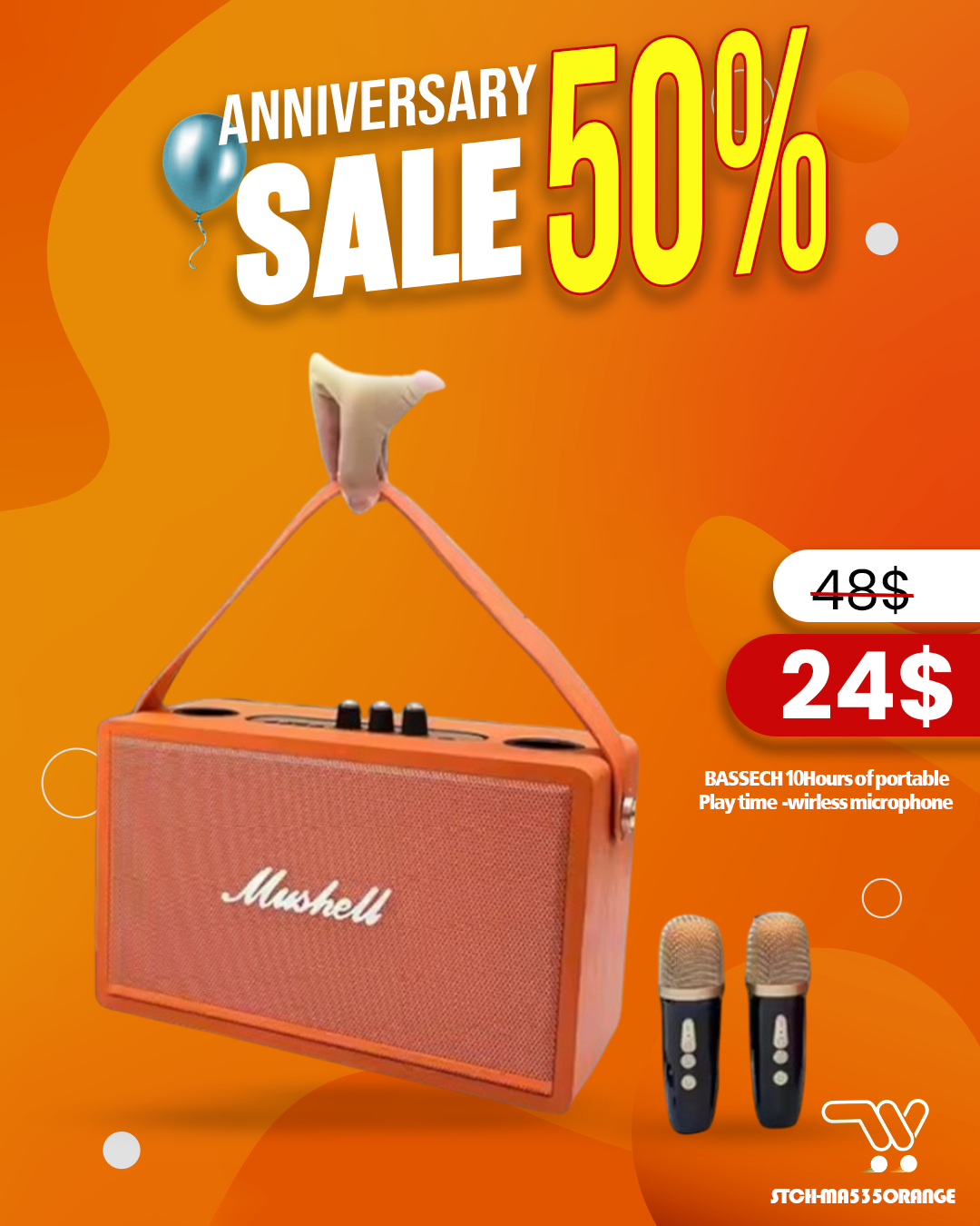 Mushell MA-530 Wireless Karaoke Speaker With Two Wireless Microphone Karaoke Family;  BASSECH - 10Hours of portable Play time  -WIRLESS KTV-2 MICROPHONE Multi-Directional Superior  Sounds - ORANGE