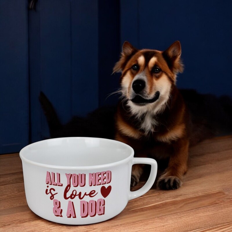 Coffee Mug Dog Bowl – "All You Need is Love & a Dog" Design, Ceramic Bowl for Pets with Fun and Heartwarming Message Coffee Mug Dog Bowl – "All You Need is Love & a Dog" Design, Ceramic Bowl for Pets with Fun and Heartwarming Message