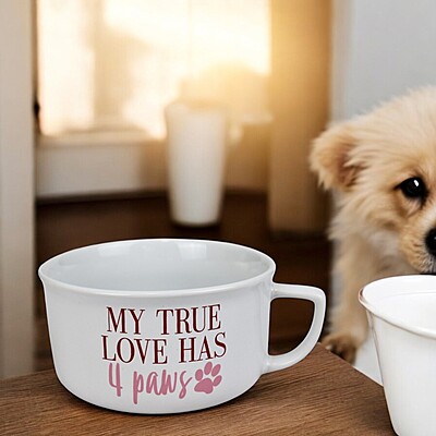 Coffee Mug Dog Bowl – "My True Love Has 4 Paws" Design, Cute Ceramic Pet Bowl for Food and Water, Perfect for Dog Lovers and a Heartfelt Addition to Your Pet’s Dining Area