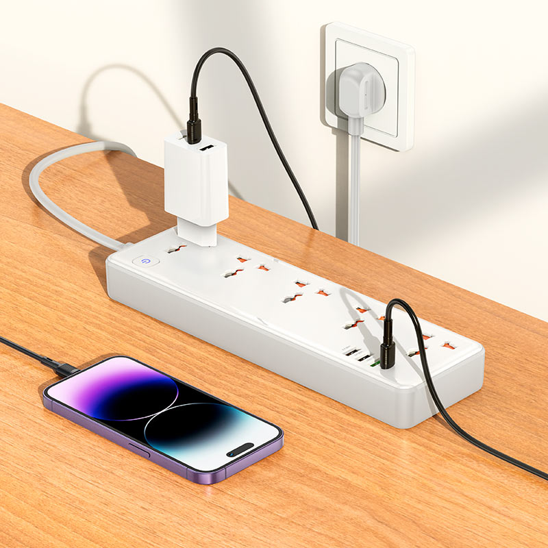 HOCO AC14A Multifunctional Safety Power Strip with USB & Type-C Fast Charging – 5 AC Sockets + 4 USB Ports | 2500W Max Power | EU Plug | PD30W / PPS / QC3.0 Support