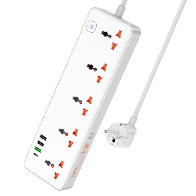 HOCO AC14A Multifunctional Safety Power Strip with USB & Type-C Fast Charging – 5 AC Sockets + 4 USB Ports | 2500W Max Power | EU Plug | PD30W / PPS / QC3.0 Support