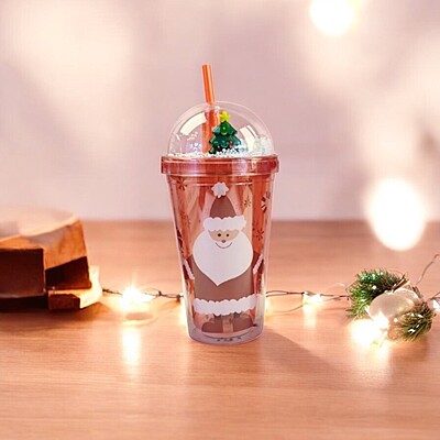 Christmas Water Tumbler 480ml Plastic Glitter Double Walled Cup 3d Tree On Top