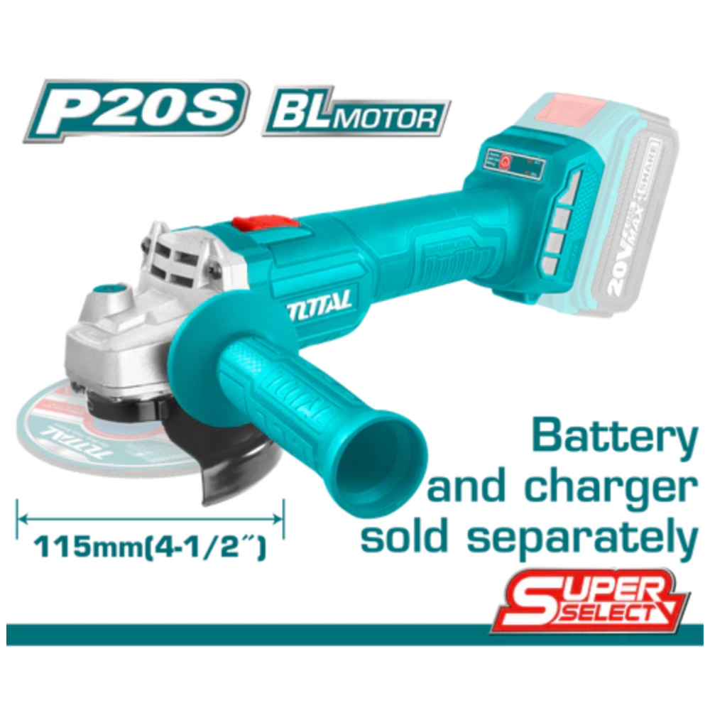Total TAGLI21154 Cordless Angle Grinder - Brushless Motor, 20V Power, Multiple Speed Settings, 115mm Disc Diameter