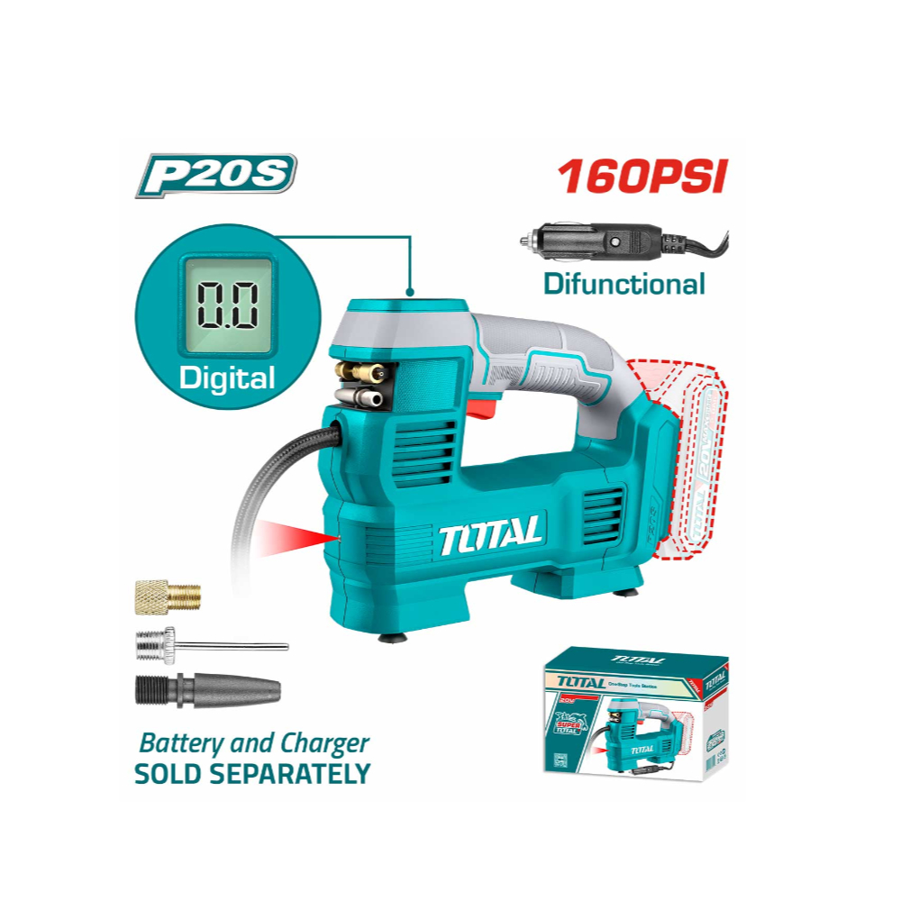 Total TACLI2012 Li-ion Cordless Auto Air Compressor with Integrated Work Light – High-Performance, Portable, and Versatile Air Pump for Quick Inflation