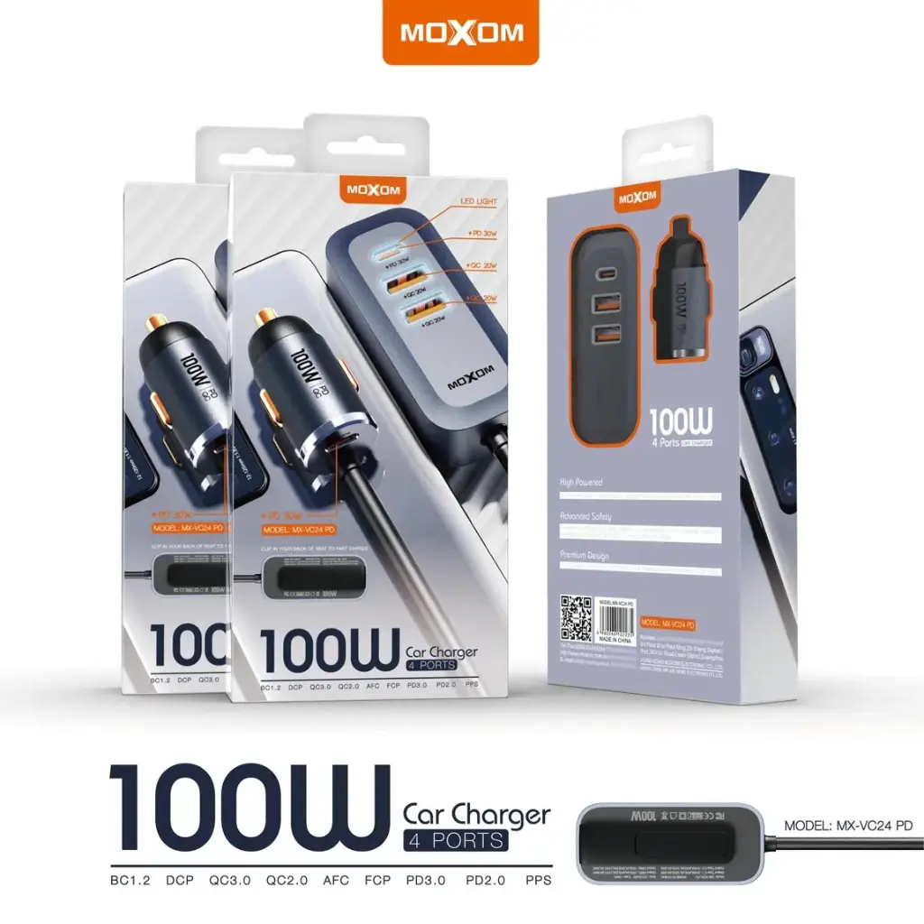 Moxom MX-VC24 Super Fast Car Charger Kit 100W Power Delivery PD + QC 3.0 Multi-Port Car Adapter Ultra-Fast Charging Wide Compatibility Input DC 12V–24V Ideal for Laptops, Tablets & Smartphones