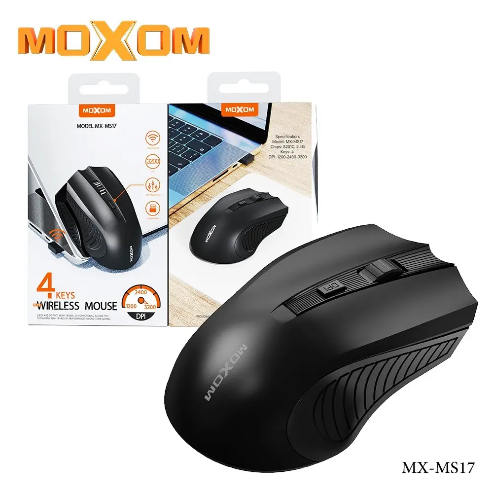 Moxom MX-MS17 Wireless High-Precision Optical Mouse with 4 Keys, Adjustable DPI (1200/2400/3200), Ergonomic Design, 2.4G Wireless Technology – Dimensions 45 x 140 x 90 mm Moxom MX-MS17 Wireless High-Precision Optical Mouse with 4 Keys, Adjustable DPI (1200/2400/3200), Ergonomic Design, 2.4G Wireless Technology – Dimensions 45 x 140 x 90 mm