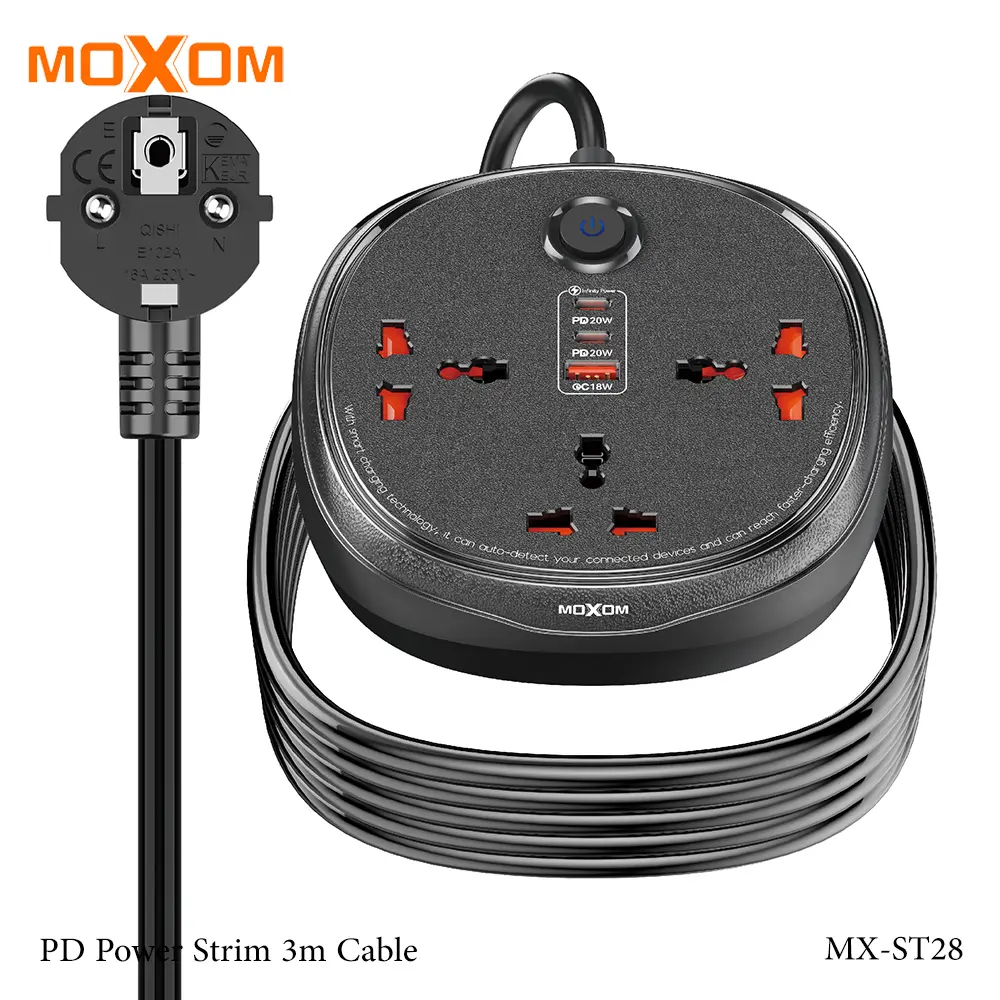 MOXOM MX‑ST28 6‑in‑1 PD Power Strip – 3 m Heavy‑Duty Cable, 20 W USB‑C Power Delivery + 18 W Quick‑Charge Hub, Wide‑Range 100‑250 V Input, Integrated Surge