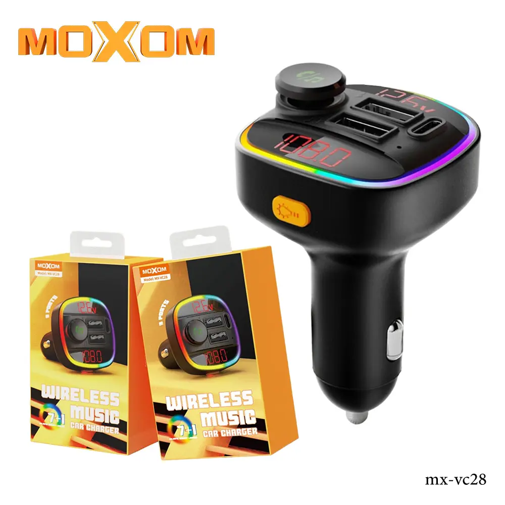 Moxom MX-VC28 Car Charger and Wireless Music Player Dual Digital LCD Screens Bluetooth & FM Transmitter 7-Color LED Lighting MP3/WAV Playback Hands-Free Calls