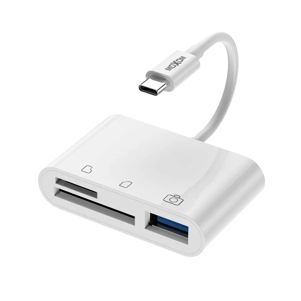 MOXOM MX-AX49 3-in-1 to Type-C OTG Adapter USB + Audio + Charging Fast Charging with PD Support 3A Max Output 120mm Length High-Quality ABS Body Universal Compatibility with Type-C Devices