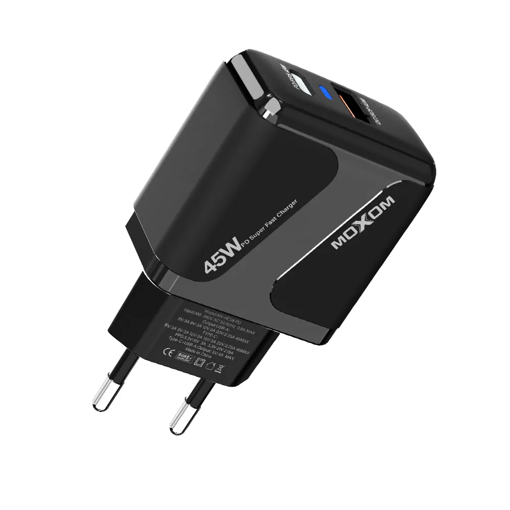 MOXOM MX-HC98 45W Dual-Port Fast Charger – High-Speed Power Delivery (PD/PPS) & QC/SCP Wall Adapter with Type-C + USB Output, 100–240V Input, Total Output 5V/4A MAX – Ideal for Smartphones