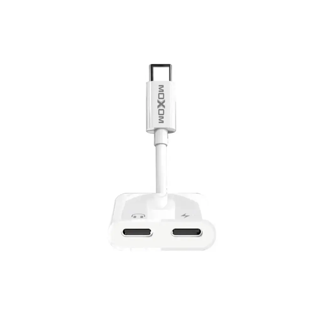 MOXOM MX-AX20 Type-C to Type-C Audio + Type-C Charging Adapter – 2-in-1 USB-C Audio & 3A 15W Fast Charging Splitter Supports Music, Phone Calls, and Flash Charging Compact & Durable White
