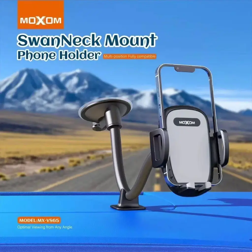 MOXOM MX-VS65 Universal Car Mount (Windshield/Dashboard) – One-Touch Phone Holder with 360° Free Rotation, Adjustable Arm, Strong Suction Cup & Compact Design