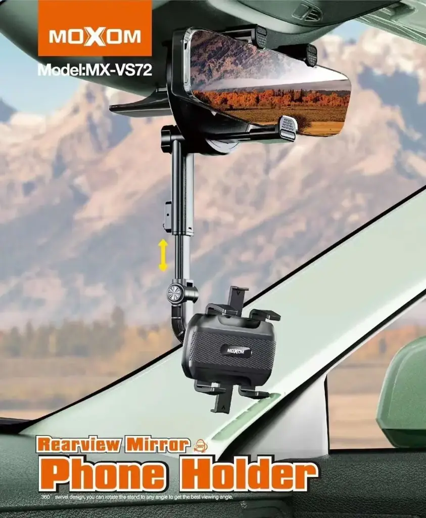 MOXOM MX‑VS72 Universal Rear‑View Mirror Phone Holder — Compact 360°‑Rotating Mount with Adjustable Arm‑Clamp, Dual‑Layer Silicone Grip & High‑Grade Plastic Body for 4.7–6.8″ Smartphones