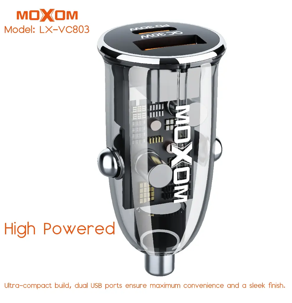 LX-VC803 Luxury Transparent Dual Car Charger Dual PD 30W Output + Quick Charge 3.0 Transparent Black ABS Design AFC, FCP, SCP Fast Charging Support Total Output Power 60W