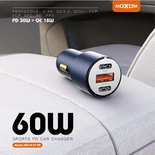 Moxom MX-VC23 PD 100W Dual Port Car Charger with Flash Magnetic Cable Ultra-Fast Charging Micro USB Output Built-in Magnetic Connector Dual-Port Smart Charging Sleek Grey Design