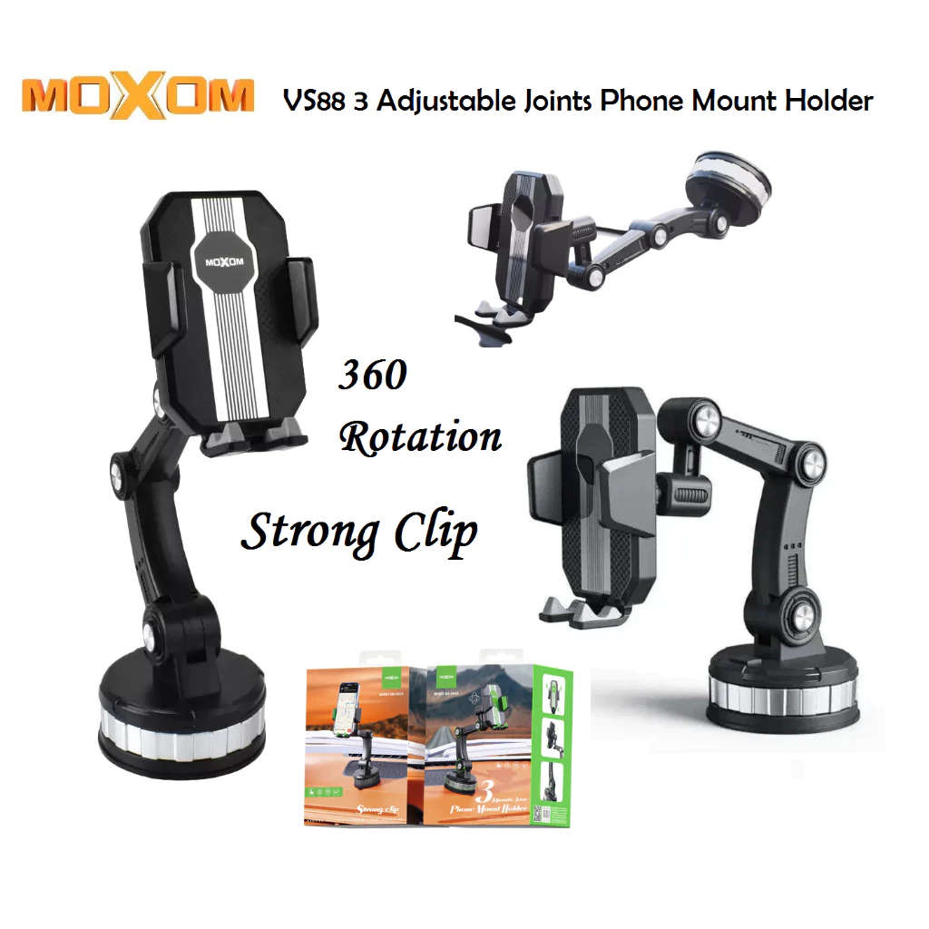 Moxom MX‑VS88 U‑360° Smartphone Support Base Adjustable Arm Clamp for Devices up to 6 in Wide 360‑Degree Rotatable Dash & Windshield Mount Dual‑Layer Silicone Grip for Shock & Scratch Protection