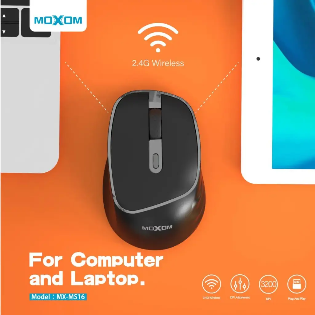 Moxom MX-MS16 Wireless Elite Mouse – Ergonomic Design with Rubber Coating & Laser Engraving USB Receiver Wireless Optical Mouse for Smooth Control Compact Size 126.5 x 76 x 40mm