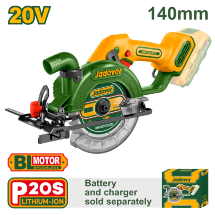 JADEVER JDLWP5630 20 V Cordless Circular Saw โ 140 mm Blade | 0-Load Speed 6,300 rpm | Adjustable Depth & Bevel Cutting JADEVER JDLWP5630 20 V Cordless Circular Saw โ 140 mm Blade | 0-Load Speed 6,300 rpm | Adjustable Depth & Bevel Cutting