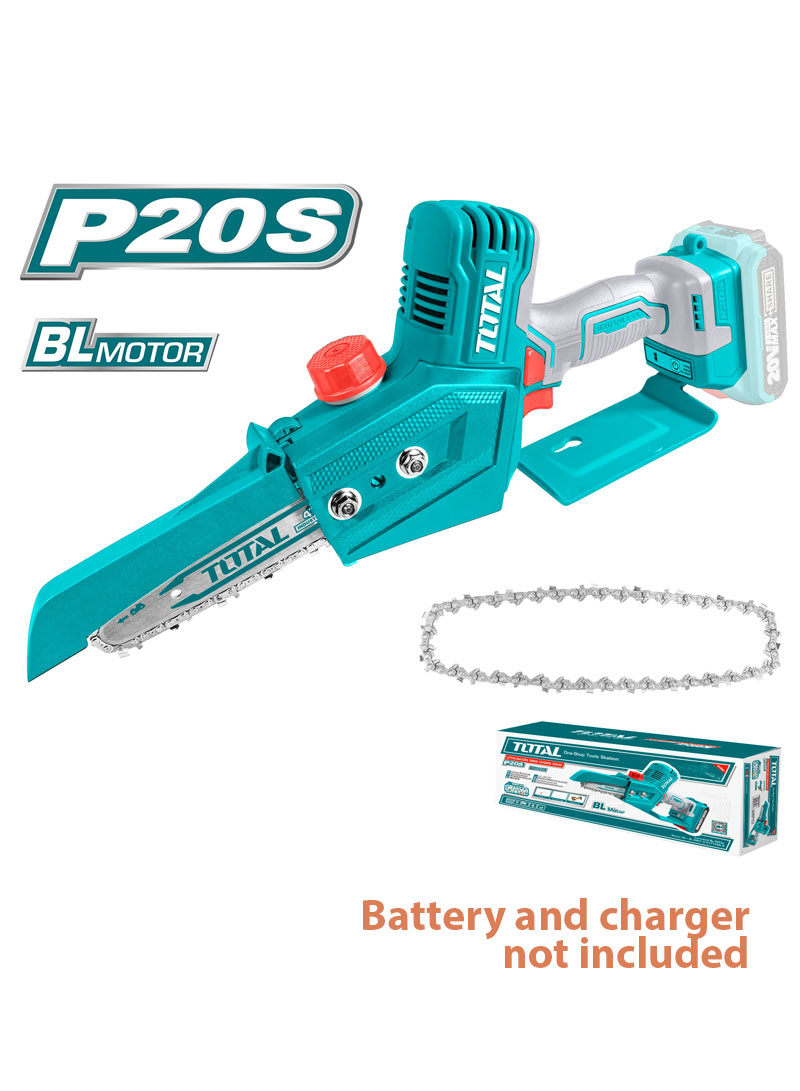 Total Lithium-Ion Mini Chain Saw 20V – Lightweight 20V Cordless Chainsaw for Efficient Cutting of Wood, Branches, and Small Logs, Featuring an Ergonomic Design Total Lithium-Ion Mini Chain Saw 20V – Lightweight 20V Cordless Chainsaw for Efficient Cutting of Wood, Branches, and Small Logs, Featuring an Ergonomic Design