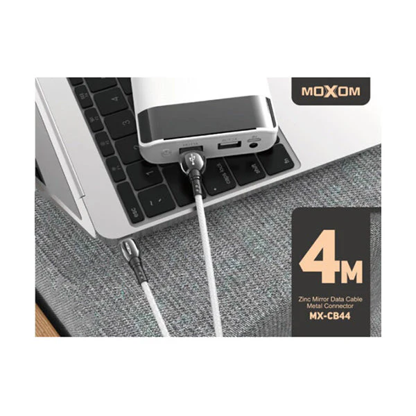MOXOM MX‑CB44 Extra‑Long 4 m Fast‑Charge Cable Braided Fabric USB to Type‑C / Lightning (Black) Zinc‑Alloy Metal Heads QC 3.0 / QC 4.0 2.4 A Real Output 480 Mbps High‑Speed Data Sync