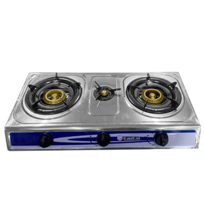 Happy Home HH3 Stainless Steel 3-Burner Gas Stove – Heavy-Duty & Portable Triple Burner Gas Cooker for Home, Kitchen, Outdoor, and Commercial Cooking