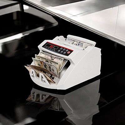 Bill Counter Machine 2108 with UV/MG Counterfeit Detection, High-Speed Counting, Large LCD Display, Automatic Start/Stop Function, and Adjustable Batch Counting for Efficient Cash Handling