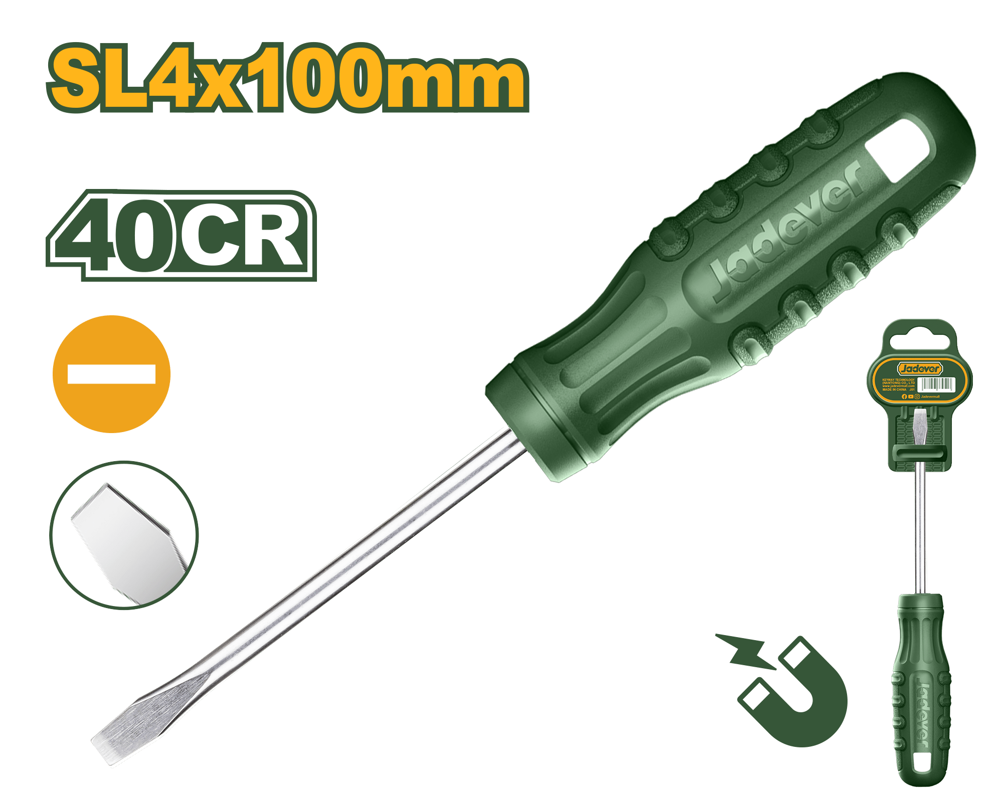 Jadever JDSD3944 Professional Slotted Screwdriver – Heavy-Duty 40CR Steel Blade, Precision Round Shank, Ergonomic Non-Slip Handle & Plastic Hanger Packaging for Durable Everyday Use