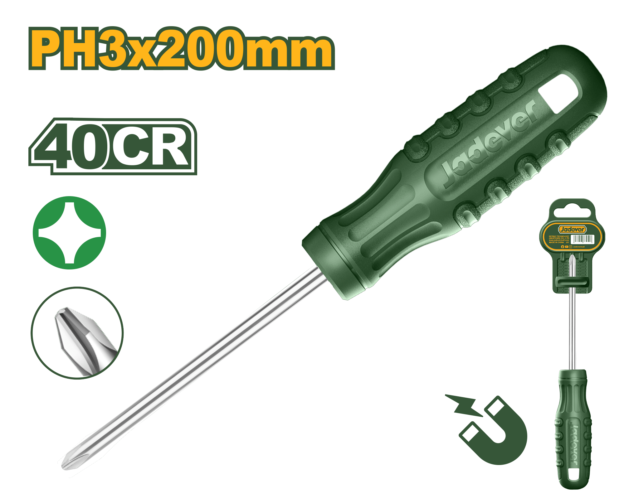 Jadever JDSD4938 Professional Screwdriver โ Heavy-Duty 40CR Steel PH3 Phillips Tip with 8.0 mm Round Shank and 200 mm Length for Maximum Torque Jadever JDSD4938 Professional Screwdriver โ Heavy-Duty 40CR Steel PH3 Phillips Tip with 8.0 mm Round Shank and 200 mm Length for Maximum Torque
