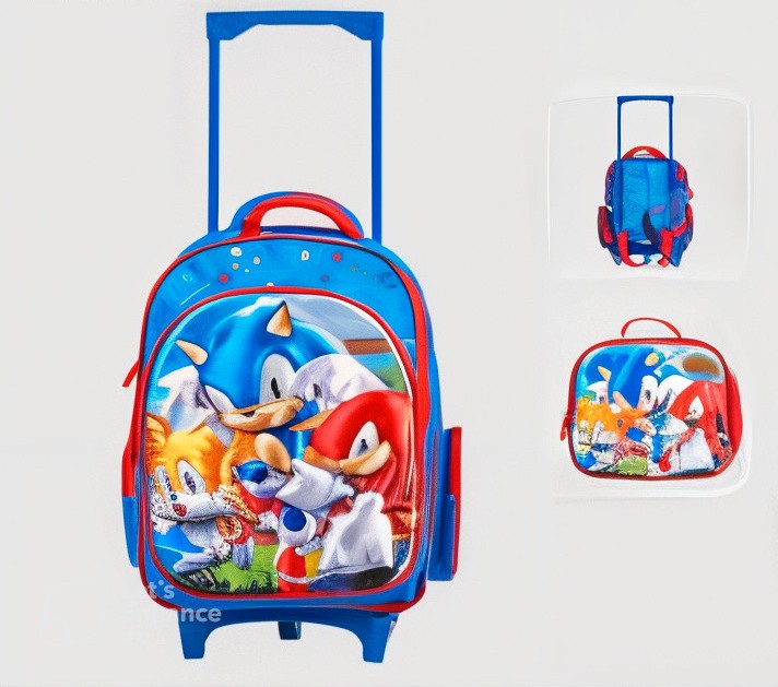 Sonic the Hedgehog 3-Piece Kids’ School Trolley Backpack Set 16" with Matching Insulated Lunch Bag & Pencil Case – Durable Rolling Bag with Extendable Handle