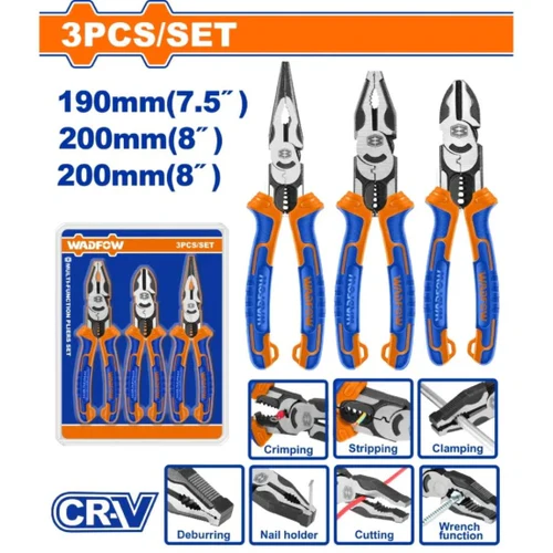 3Pcs WADFOW Multi-Function Plier Set (7.5", 8", 8") – High-Performance CR-V Steel Tools with 30% Energy Saving – Includes Combination, Long Nose & Diagonal Cutting Pliers