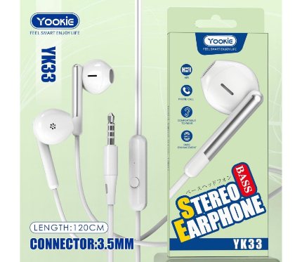 Yookie YK33 Stereo Earphone (White) – Wired In-Ear Headphones with 3.5mm Jack, 1.2m Cable, Universal Compatibility, and High-Quality Stereo Sound