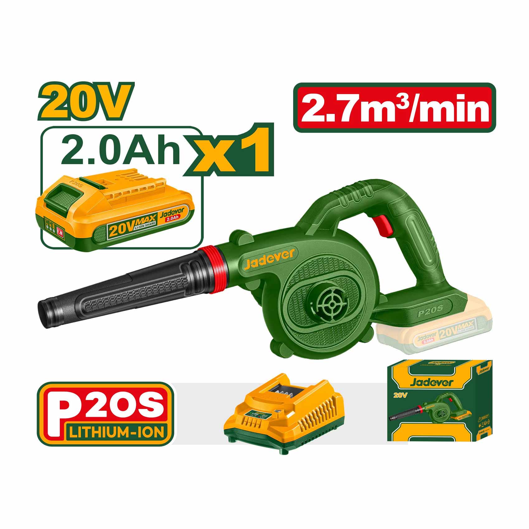Jadever 20V Cordless Air Blower with 2.0Ah Battery – High-Efficiency 2.7 m³/min Compact Handheld Blower for Cleaning and Dust Removal