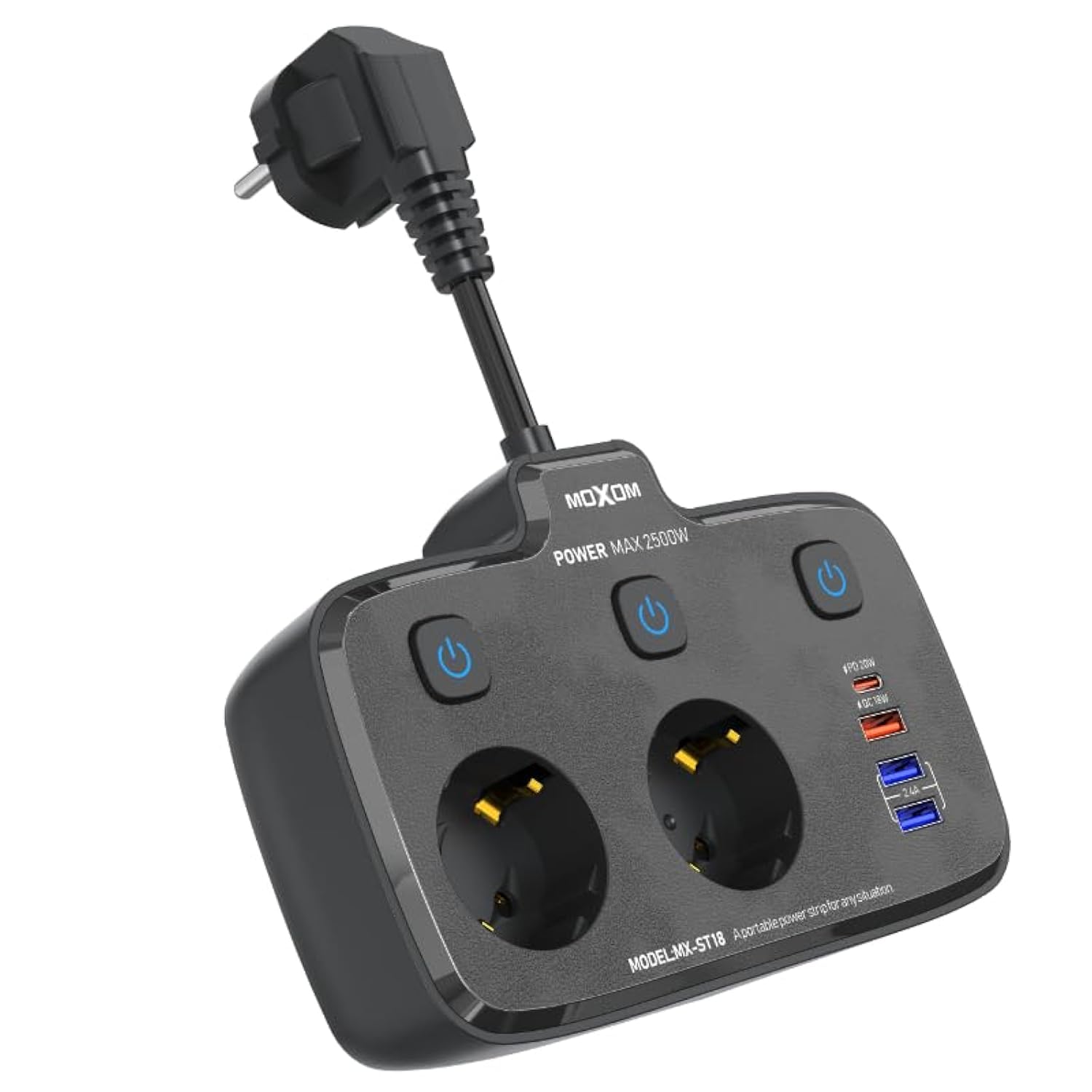 MOXOM MX-ST18 6-in-1 Extension Adapter – High-Speed Multi-Port Charging Hub with 2× USB 2.4A Outputs, 1× QC 18W, 1× PD 20W, Total 17W Output, Rated Voltage 250V