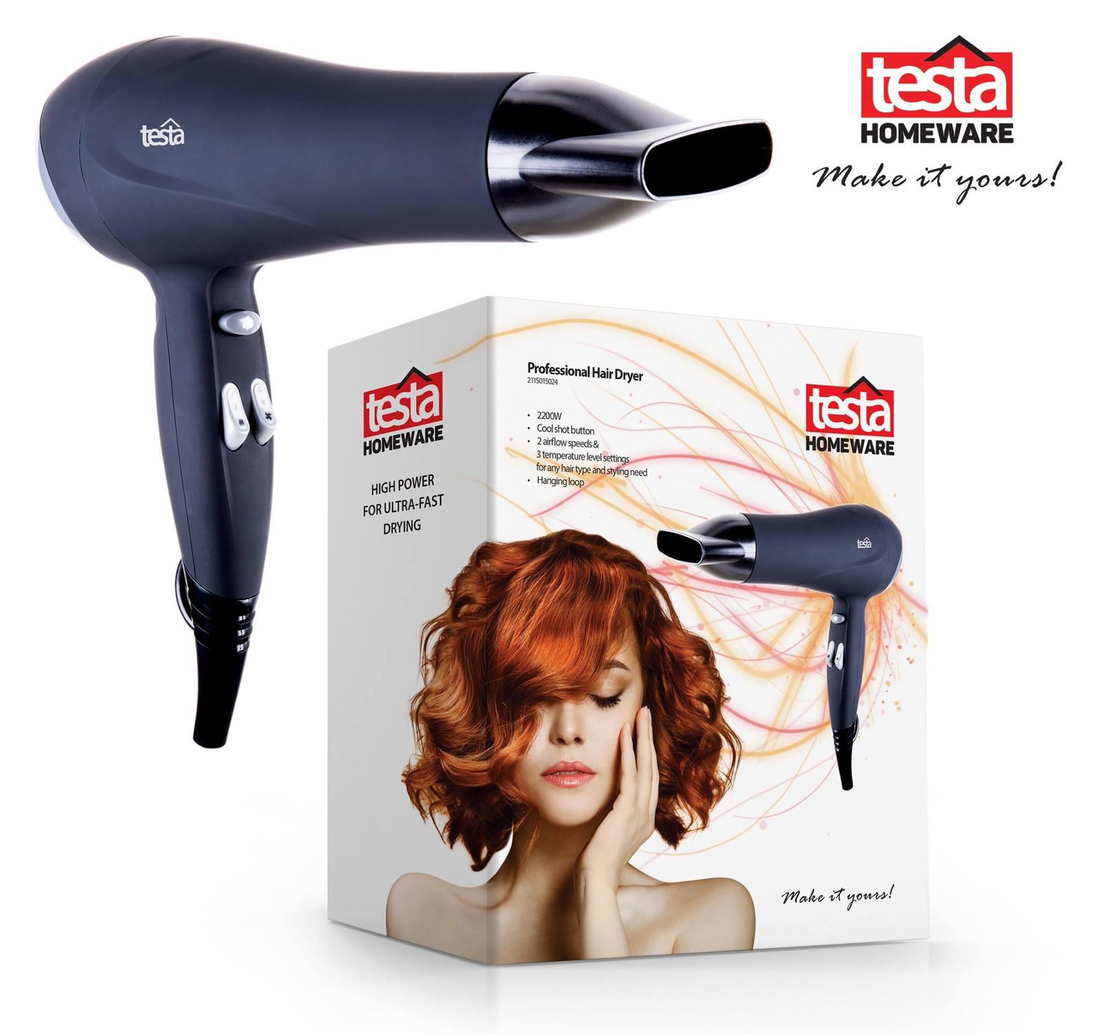 Testa Hair Dryer 2200W , 6 power settings: 2 airflow speeds & 3 temperature level settings for any hair type and styling need Testa Hair Dryer 2200W , 6 power settings: 2 airflow speeds & 3 temperature level settings for any hair type and styling need
