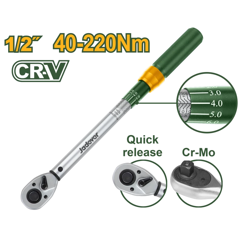 JADEVER Preset Torque Wrench 1/2-Inch Drive | 40–220Nm | Model JDWQ1D12 – Heavy-Duty Cr-V & Cr-Mo Steel Construction JADEVER Preset Torque Wrench 1/2-Inch Drive | 40–220Nm | Model JDWQ1D12 – Heavy-Duty Cr-V & Cr-Mo Steel Construction