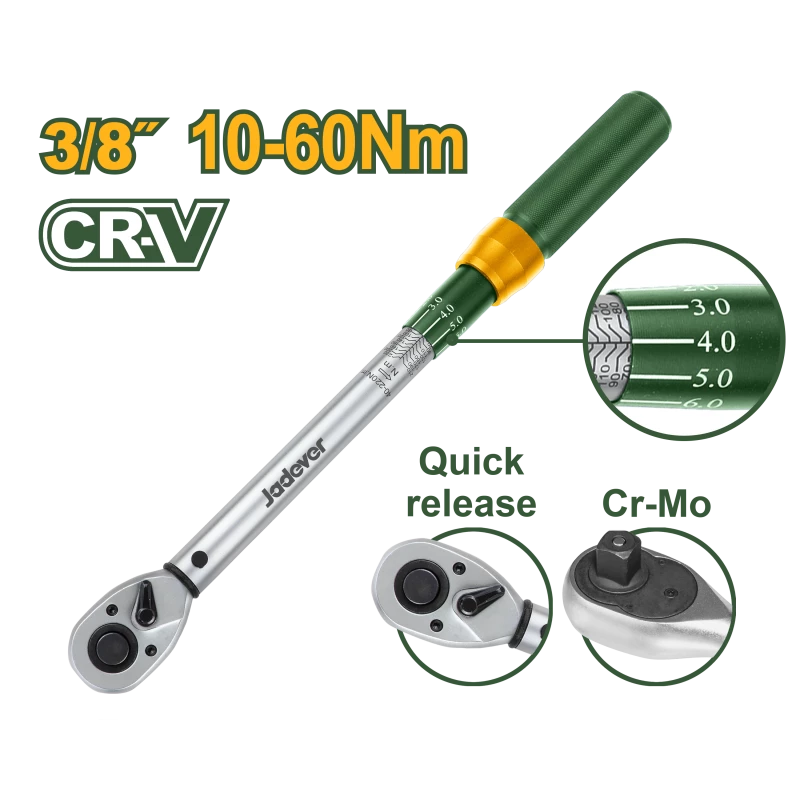 Jadever JDWQ1D38 3/8" Drive Torque Wrench – 305mm Length, 10–60N·m Adjustable Range, Precision Mechanical Ratchet Wrench for Professional Automotive and Mechanical Applications Jadever JDWQ1D38 3/8" Drive Torque Wrench – 305mm Length, 10–60N·m Adjustable Range, Precision Mechanical Ratchet Wrench for Professional Automotive and Mechanical Applications