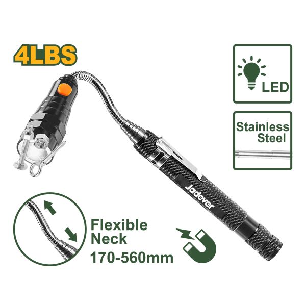 Jadever JDME3604 โ 4LBS Flexible Magnetic Pick-Up Tool with LED Light | 168โ570mm Extendable Neck | 3 Ultra-Bright LEDs | Dual Magnets for Precision Jadever JDME3604 โ 4LBS Flexible Magnetic Pick-Up Tool with LED Light | 168โ570mm Extendable Neck | 3 Ultra-Bright LEDs | Dual Magnets for Precision