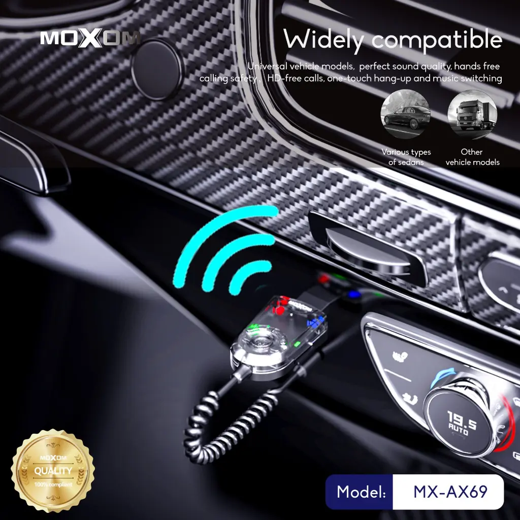 Moxom MX-AX69 Car Wireless Receiver Upgraded Bluetooth 5.3 Chip AUX & TF Card Support Call Number Broadcast Double-Click Call Function Flexible Anti-Tangle Cable
