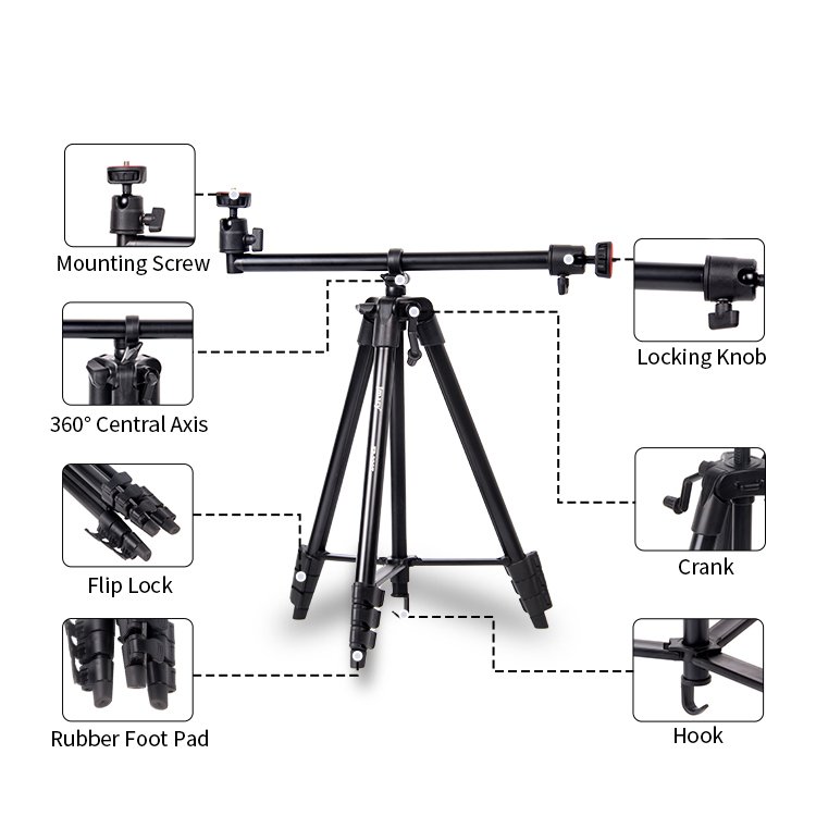 Jmary KP-2207 Professional Tripod – Lightweight 0.68kg 4-Section Aluminum Legs | Adjustable Height 38.5–133cm | Max Load 1.5kg | Foldable 42cm Compact Design for Smartphones, Cameras & Accessories