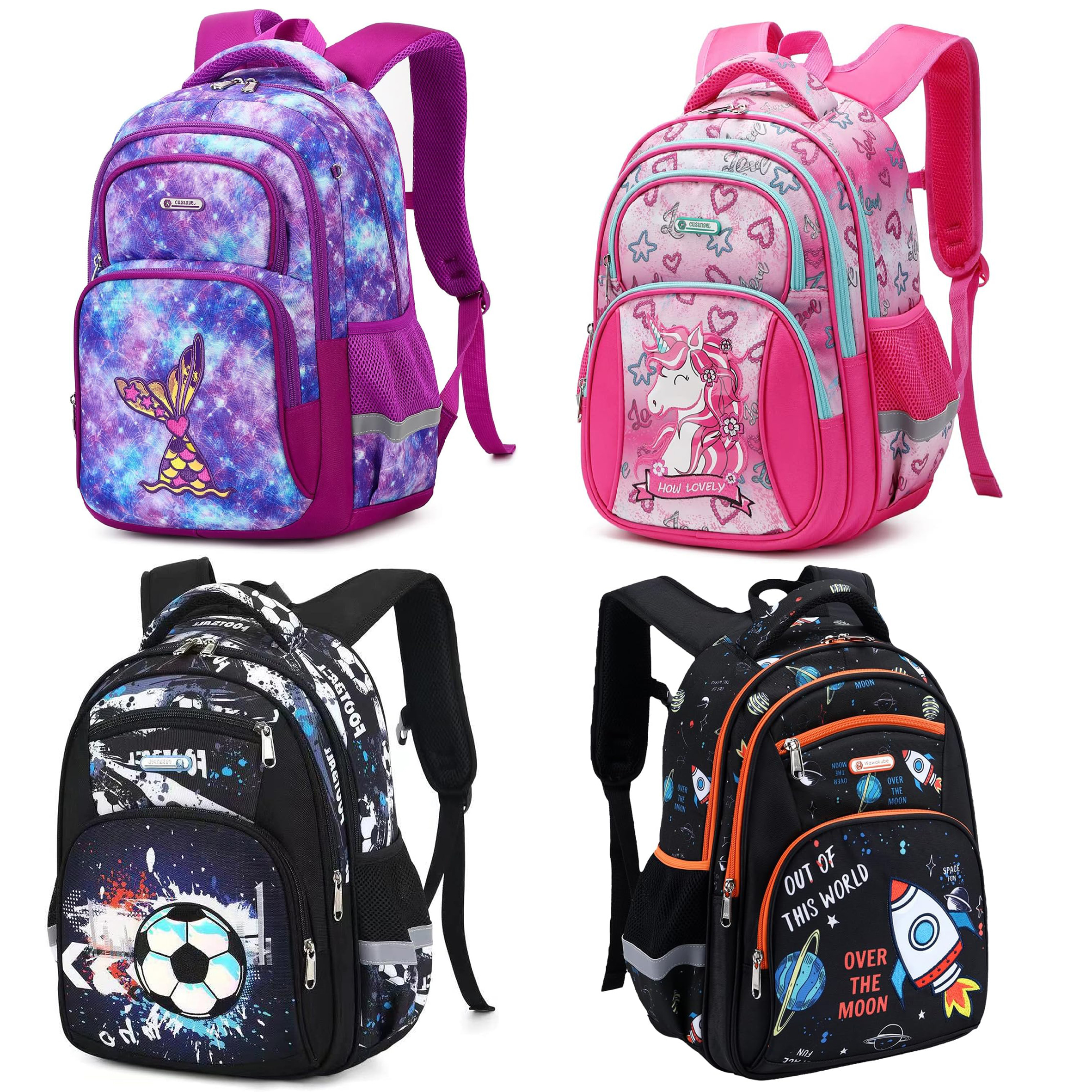 YIWU H Assorted Kids’ School Backpack Collection – 18/19-Inch Durable and Lightweight Backpacks with 4 Exciting Designs: Football, Mermaid, Unicorn & Rocket