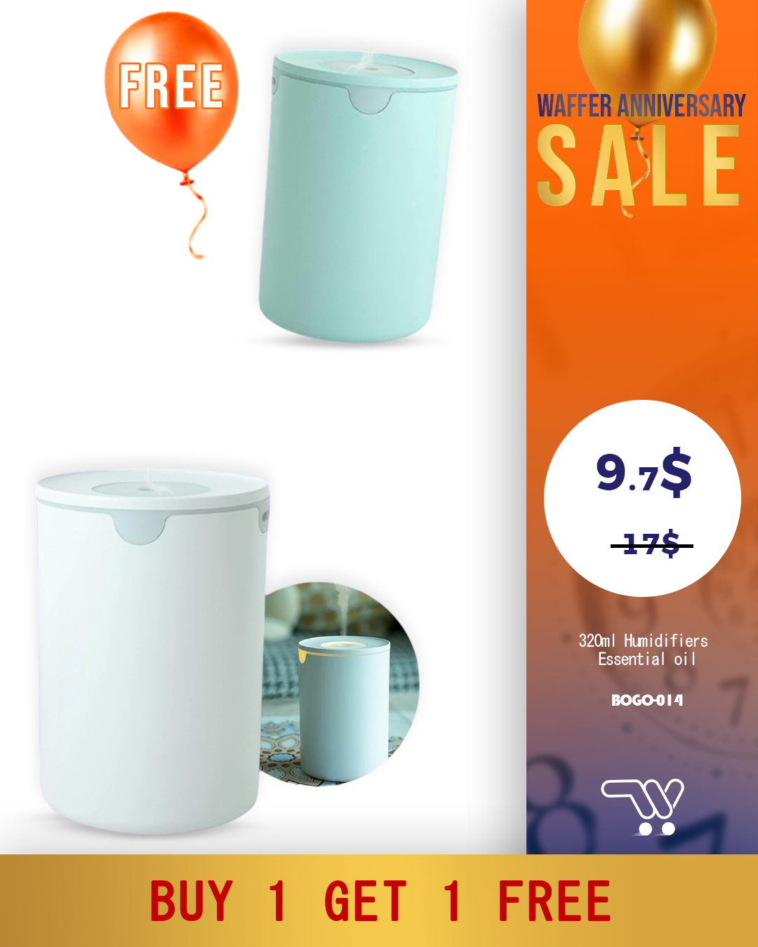 Buy one Get One 320ml Humidifiers Essential Oil DiffuserD7.5 x H11cm-400mA-whitecolor and Blue color