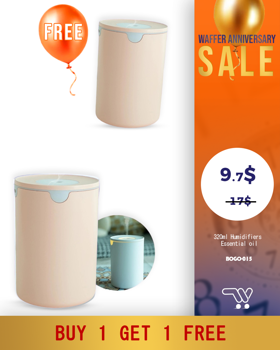 Buy One Get One 320ml Humidifiers Essential Oil-D7.5 x H11 cm-400mA-Pink color