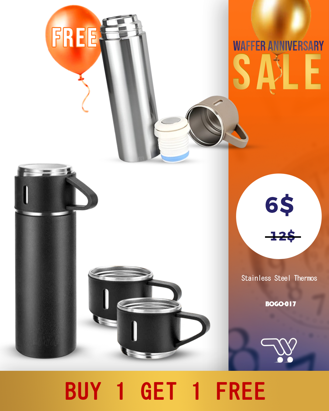 Buy one Get One Stainless Steel Thermos 500ml/16.9oz Black And Beige