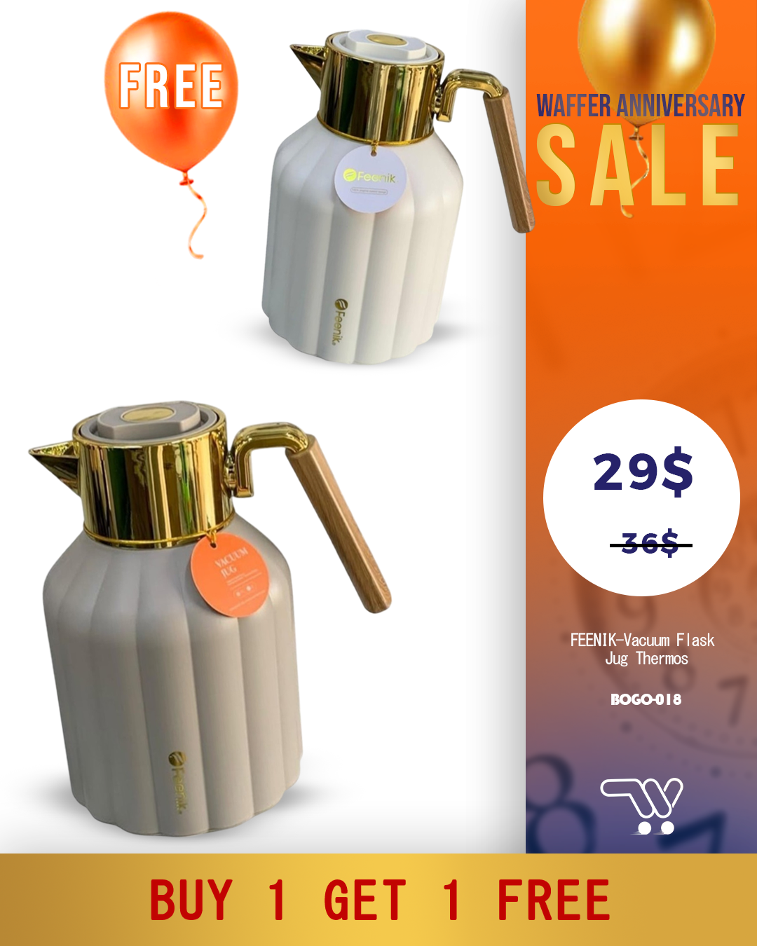 Buy One Get One FEENIK-Vacuum Flask Jug Thermos For Hot & Cold 1L-Gray and White