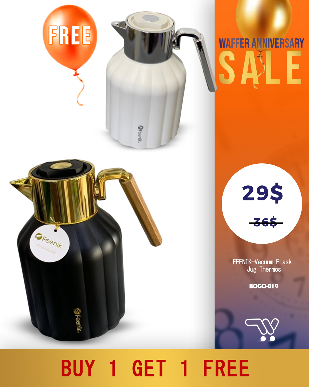 Buy One Get One FEENIK-Vacuum Flask Jug Thermos For Hot & Cold 1L-Black and White Silver